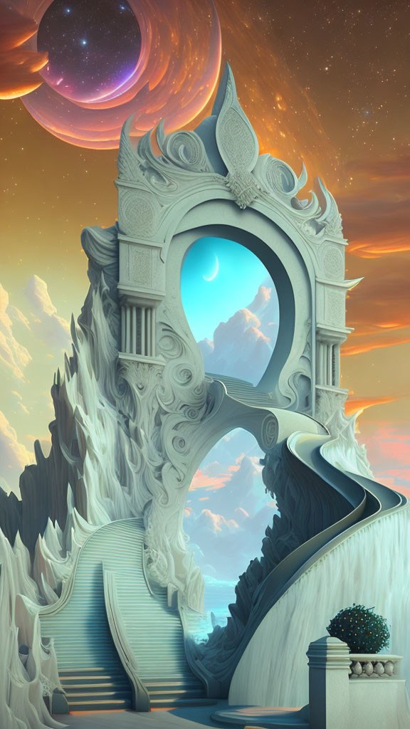 Gigantic ornate stone gateway in surreal landscape