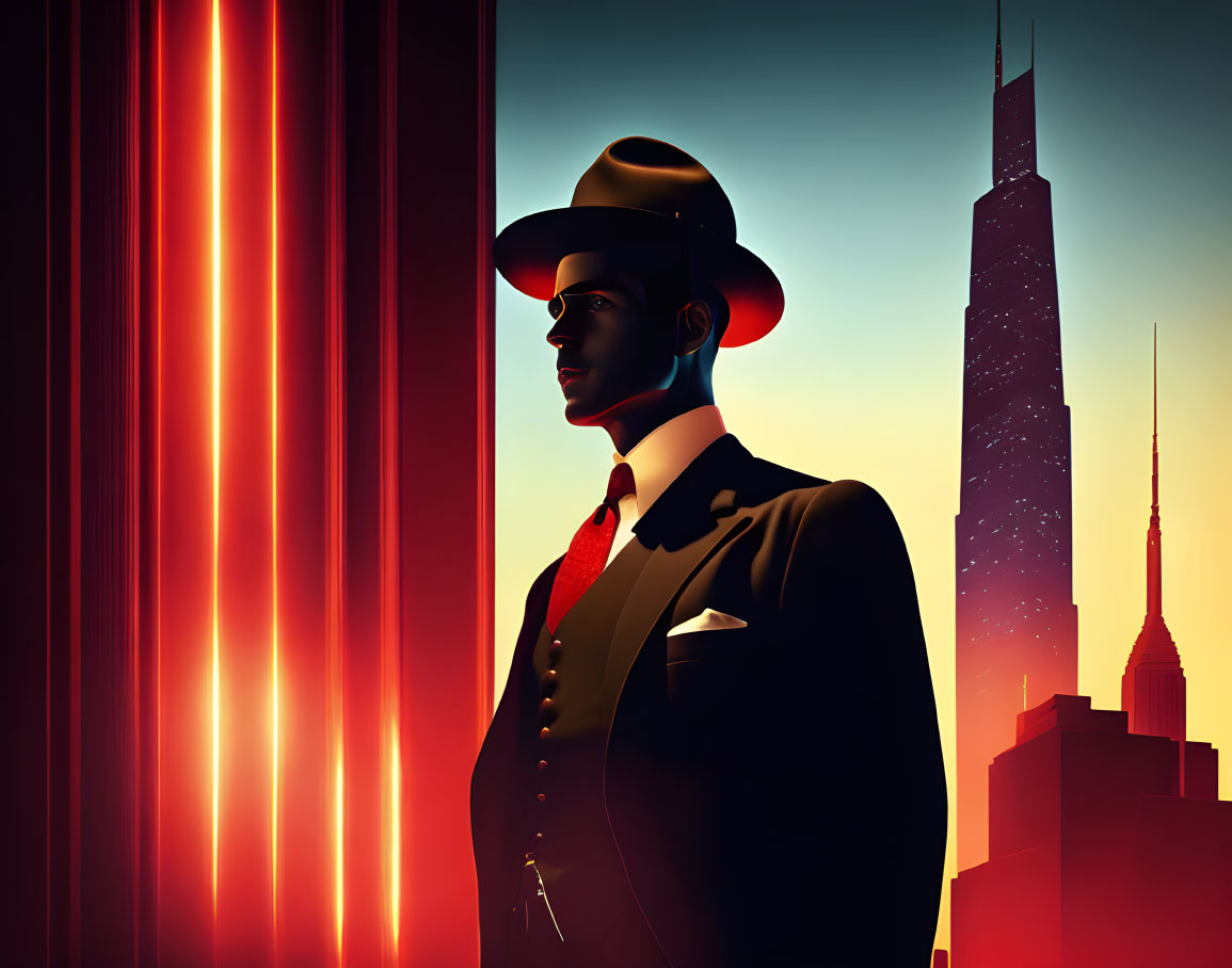 Stylized illustration of man in suit against cityscape at sunset