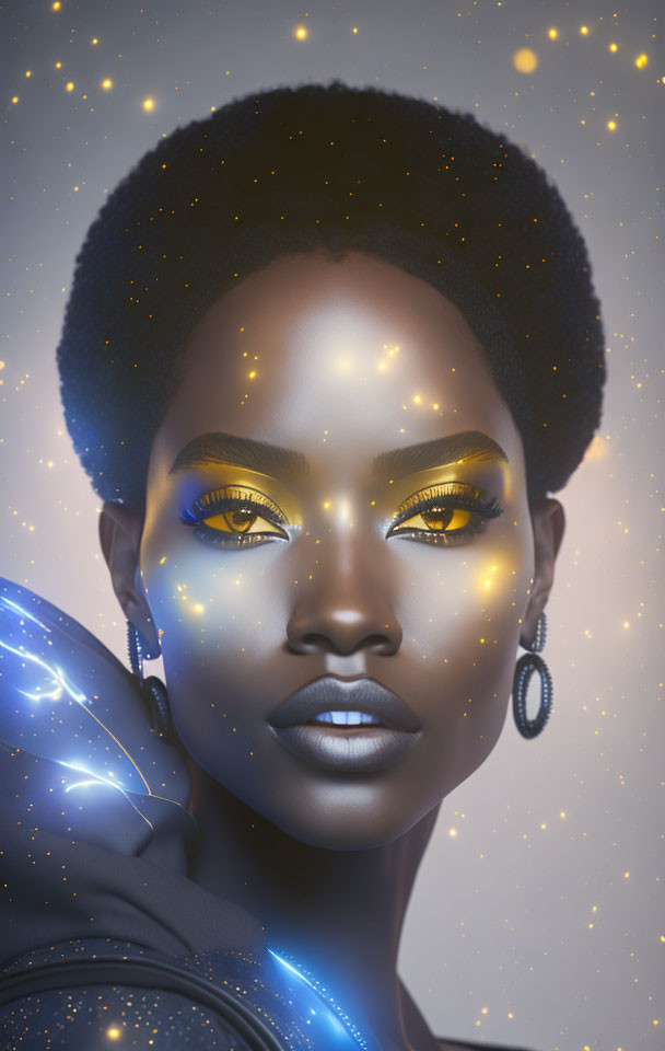 Digital portrait of woman with golden eyes and makeup in starry setting