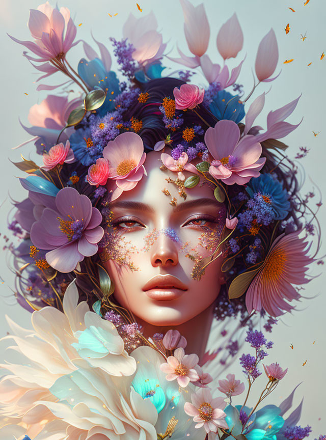 Woman's face in pastel flower bloom with butterflies on light background