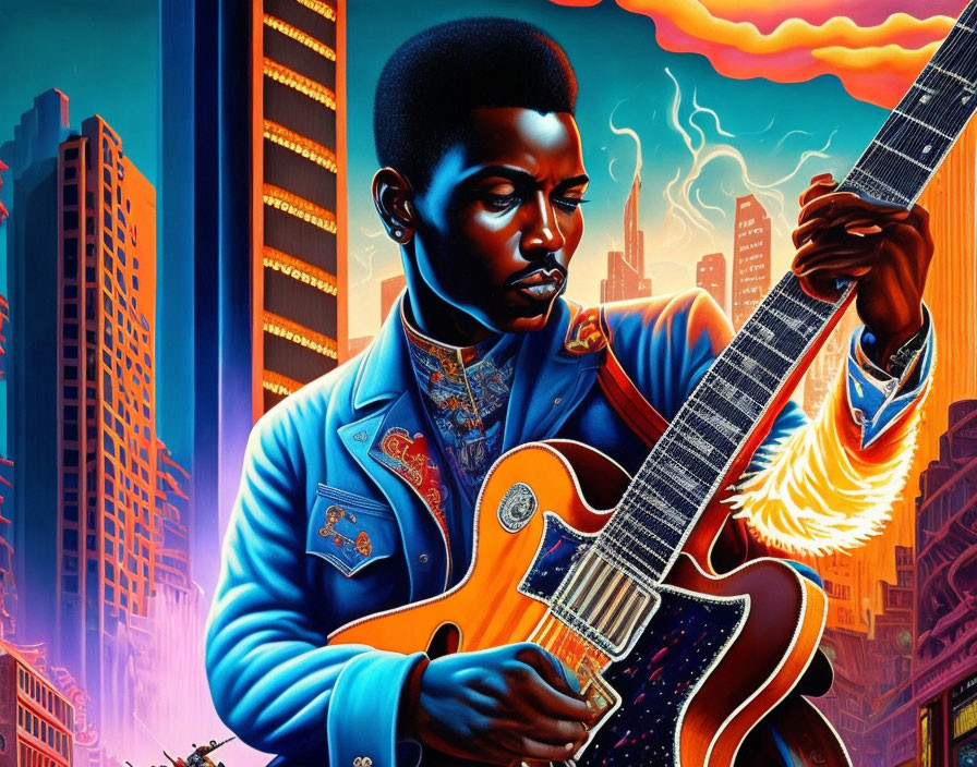 Man playing flaming guitar in vibrant urban backdrop