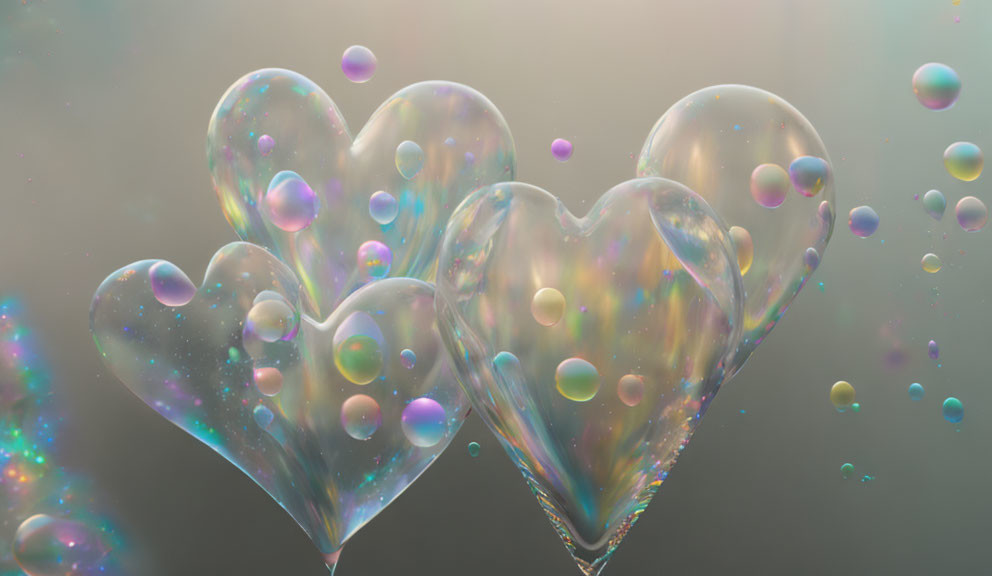 Iridescent heart-shaped bubbles on soft background