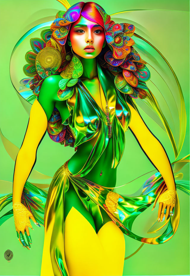 Vibrant green and yellow person with peacock feather headgear.