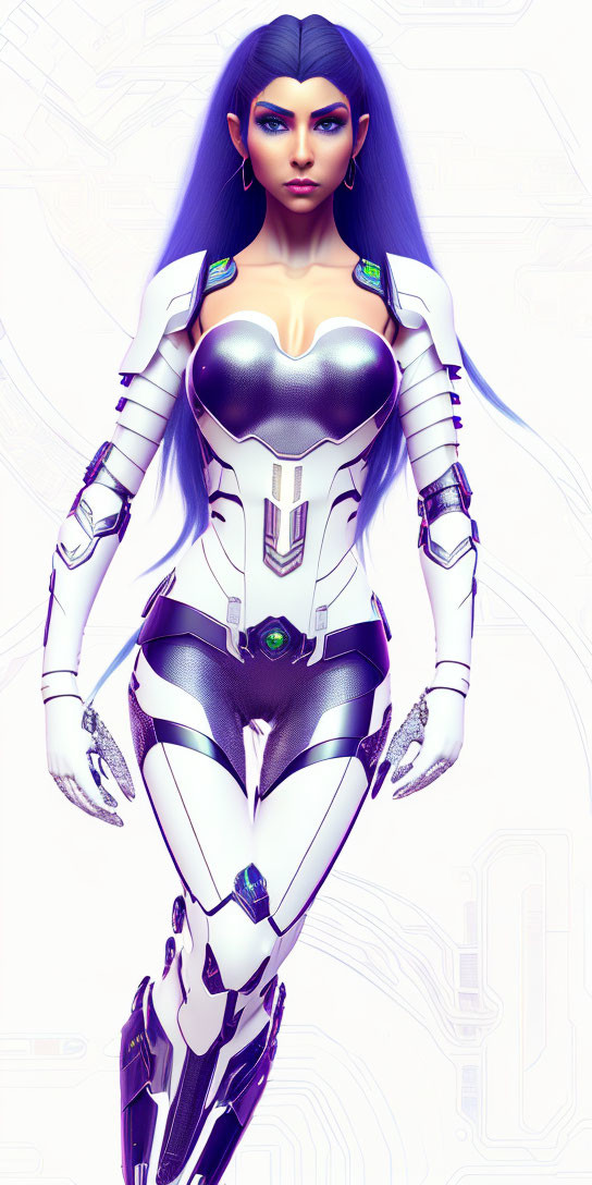 Futuristic female humanoid character in white and silver armor with purple hair