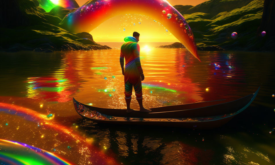 Vibrant sunset scene with person in canoe on reflective lake