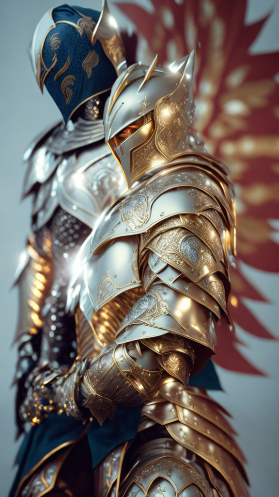 Ornate knight in golden and blue armor against red sunburst backdrop