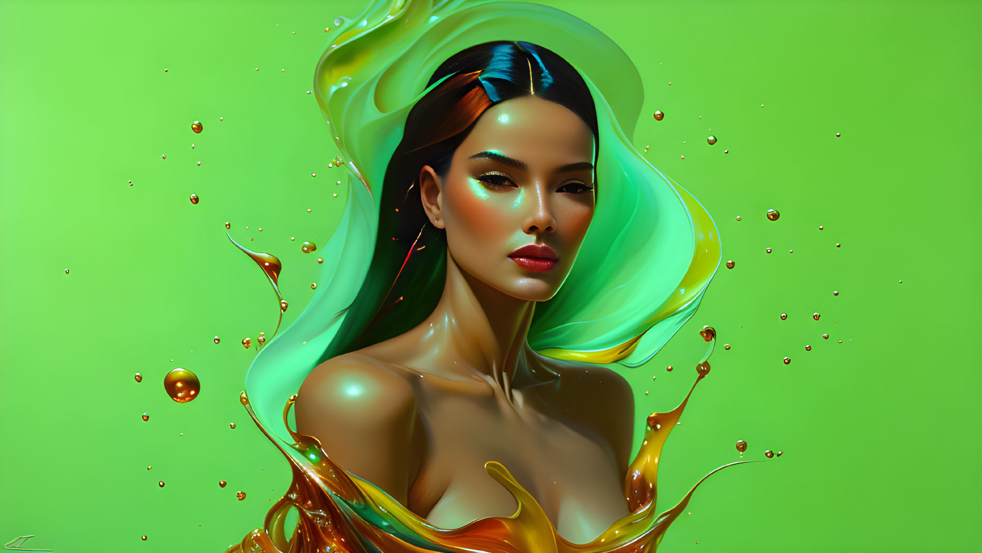 Digital Art Portrait of Woman with Sleek Hair on Green Background & Amber Liquid Splashes