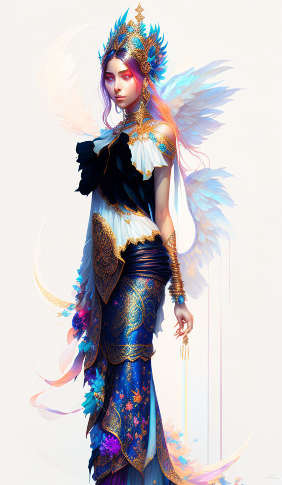 Ethereal figure in blue and gold attire with wings and celestial crown