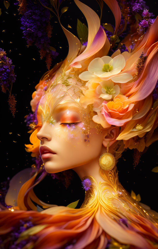 Digital artwork: Woman's face with golden hair and flowers on dark background