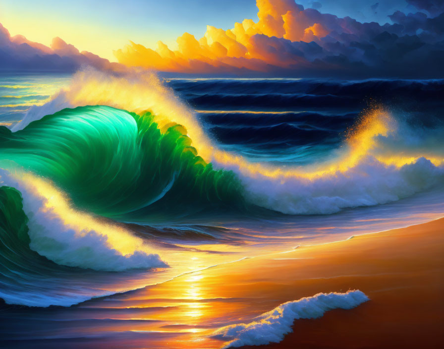 Colorful seascape with large wave and sunlit clouds at sunset