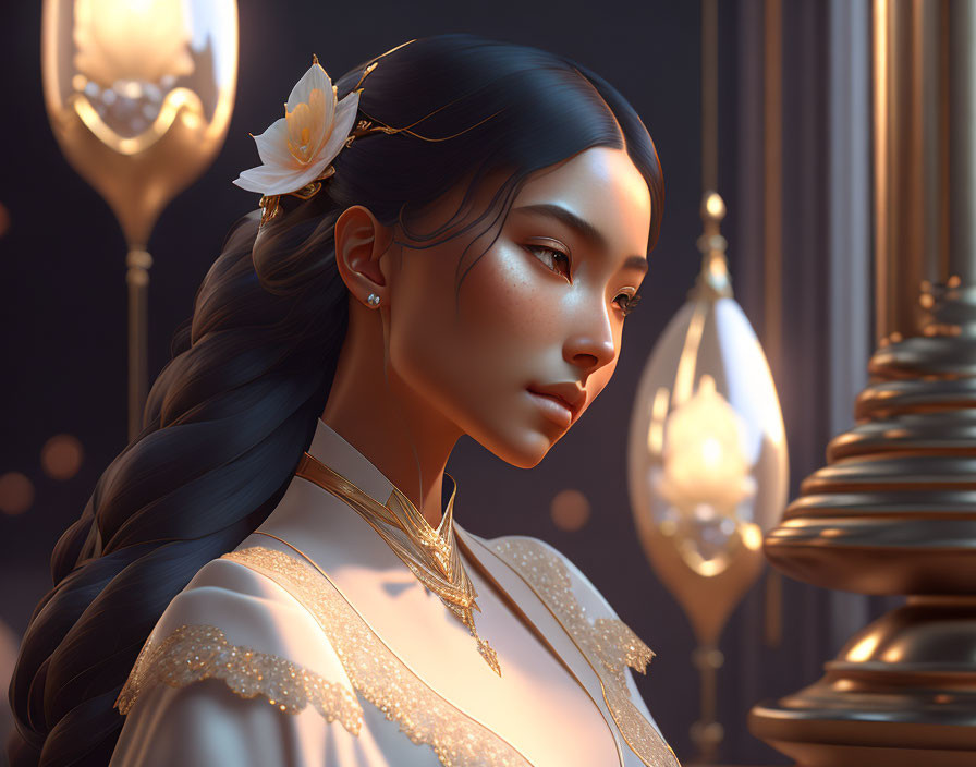 Digital art portrait of woman in regal attire and elegant hairstyle in candlelit ambiance