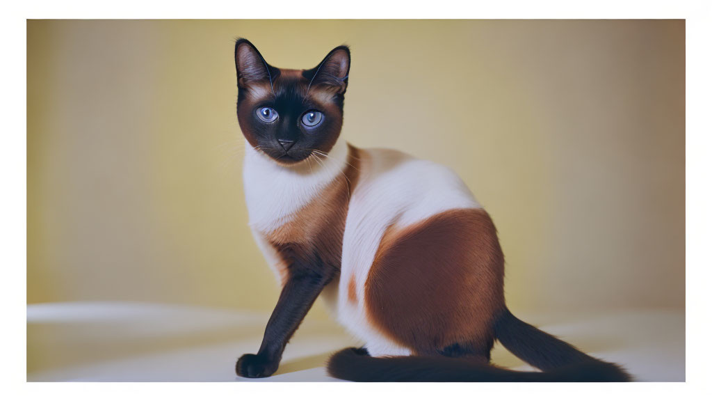 Siamese Cat with Blue Eyes and Cream Coat on Yellow Background