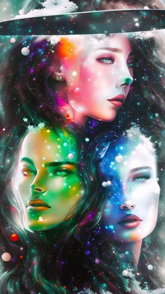 Vibrant digital art: three women's faces with cosmic theme, vibrant colors, star-like spe