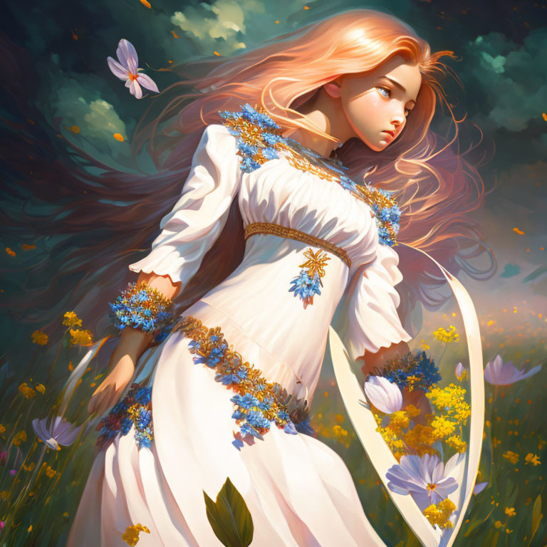 Woman in white dress with blue flowers in vibrant field with butterflies.