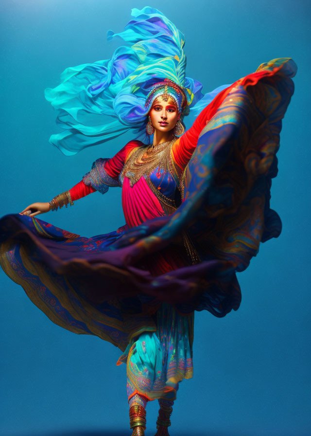 Colorful Indian Attire Woman with Peacock Feather Headpiece