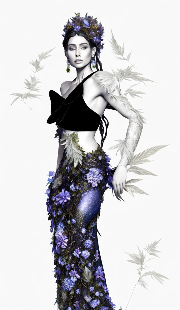 Floral headdress woman in black top and sequined skirt against white backdrop