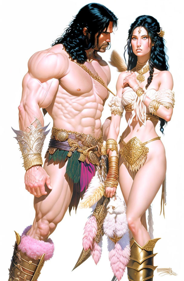 Fantasy warrior couple in ornate armor with magical aura