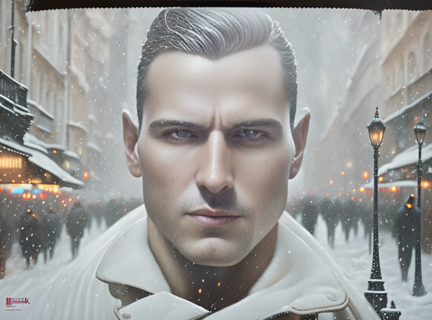 Man in white coat with slicked-back hair in snowy street scene