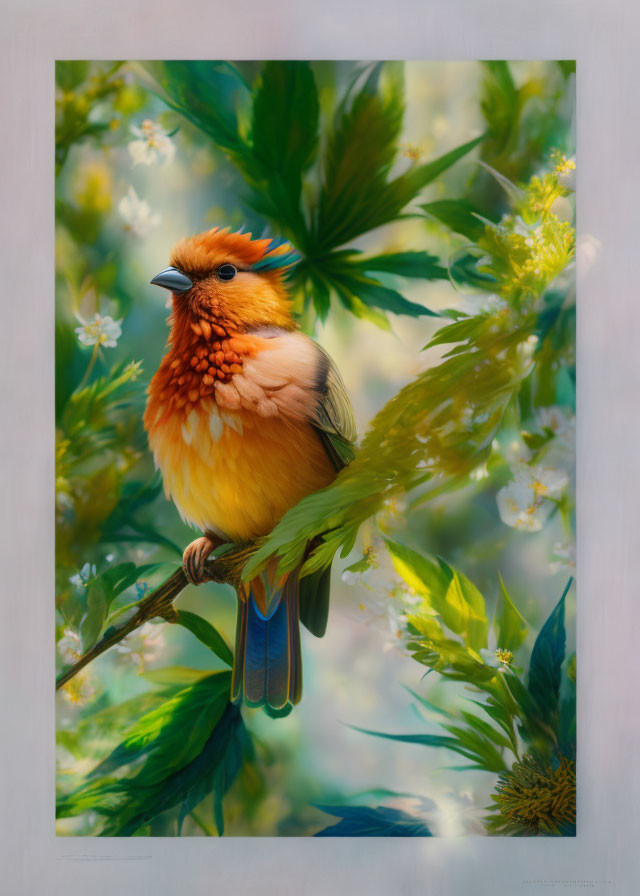 Colorful bird illustration perched on flowering branches