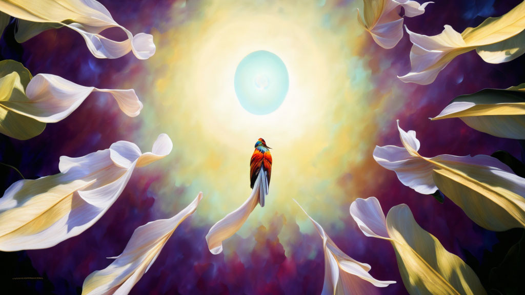 Colorful Bird Flying Towards Luminous Sphere Amid Swirling Petals