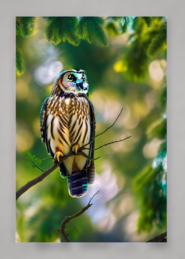 Colorful Owl Perched on Branch with Green Leaves