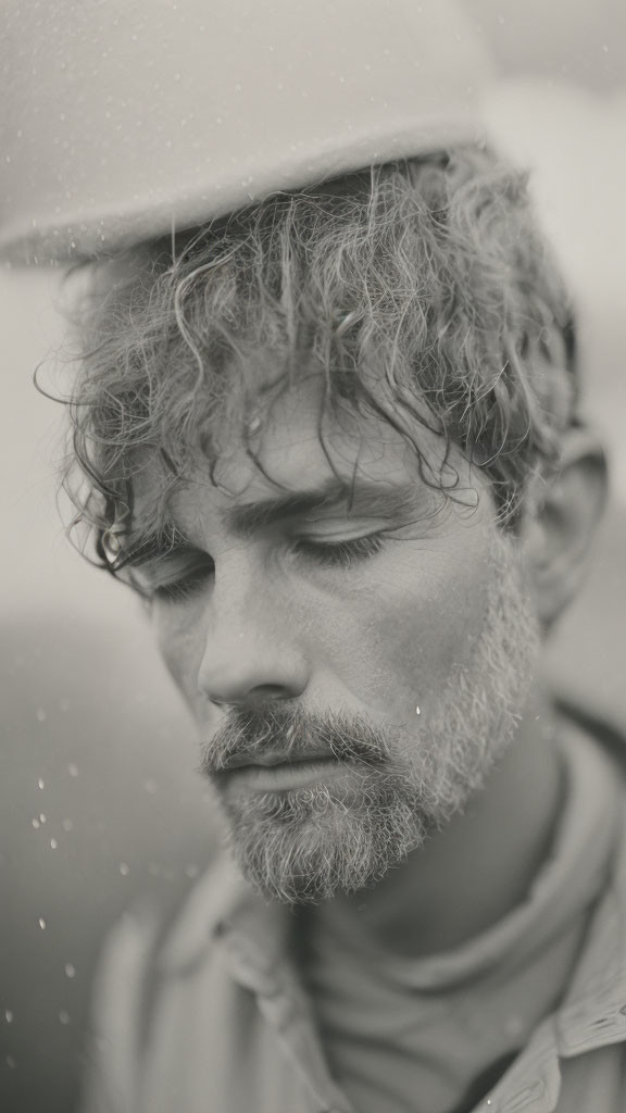 Monochrome portrait of contemplative man with curly hair and beard in hat, with visible water droplets