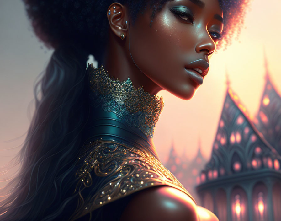 Digital artwork featuring woman in gold armor against castle backdrop