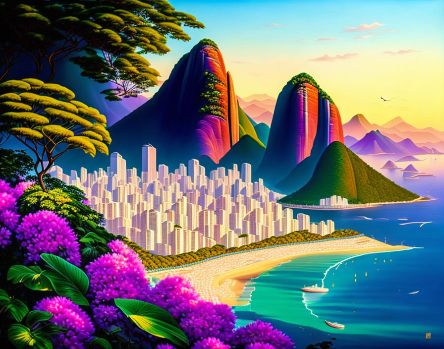 Futuristic cityscape digital artwork with lush flora and mountains