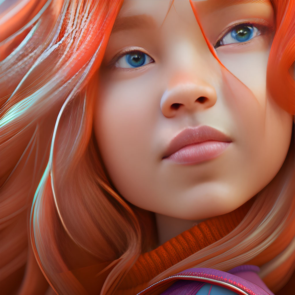 Girl with Vibrant Orange Hair and Blue Eyes in Contemplative Pose