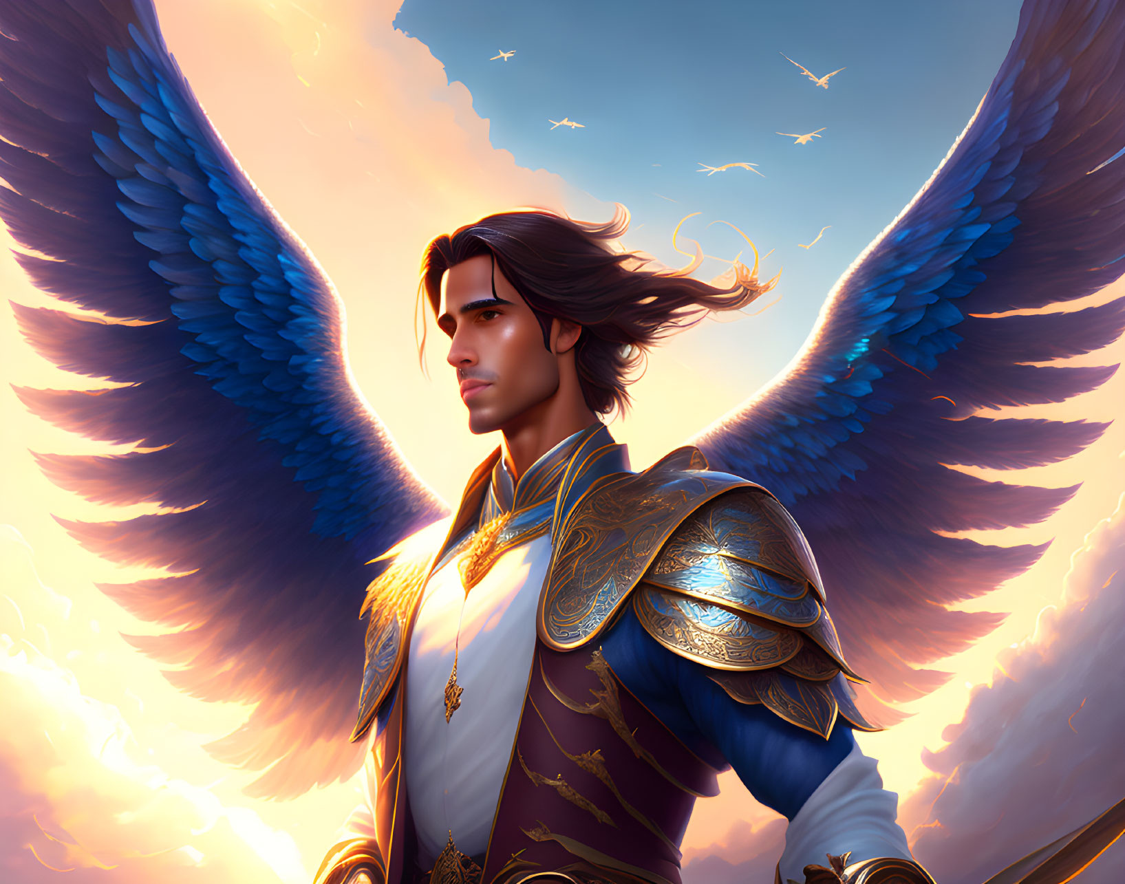 Male figure with blue wings in golden armor under sunset sky