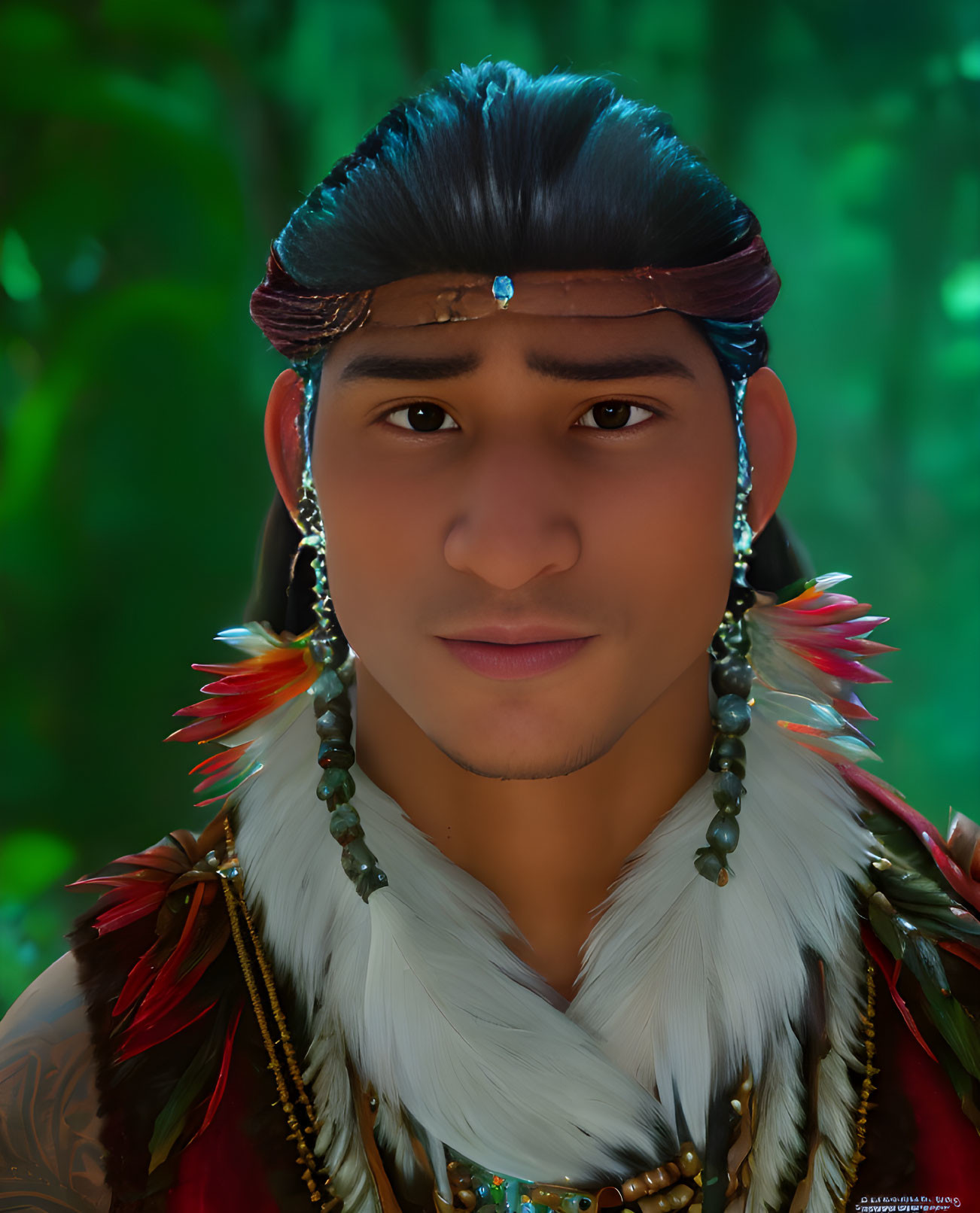 Animated male character with native adornments and tribal tattoos under dappled light