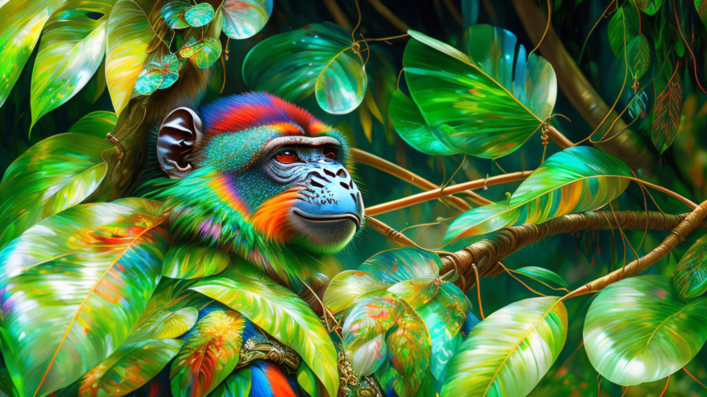 Colorful Mandrill Monkey Among Lush Green Foliage