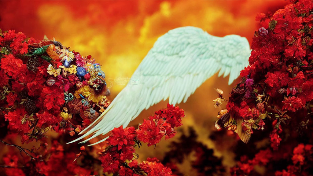 Vibrant artwork: Winged creature with white angelic wing among red flowers