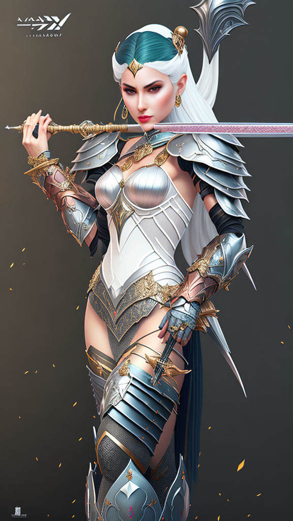 White-haired female warrior in ornate silver armor with gold accents, holding a staff.