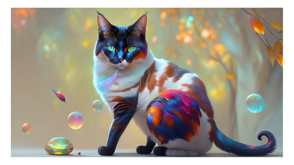 Colorful digital artwork featuring glossy multicolored cat, bubbles, autumn leaves, soft background