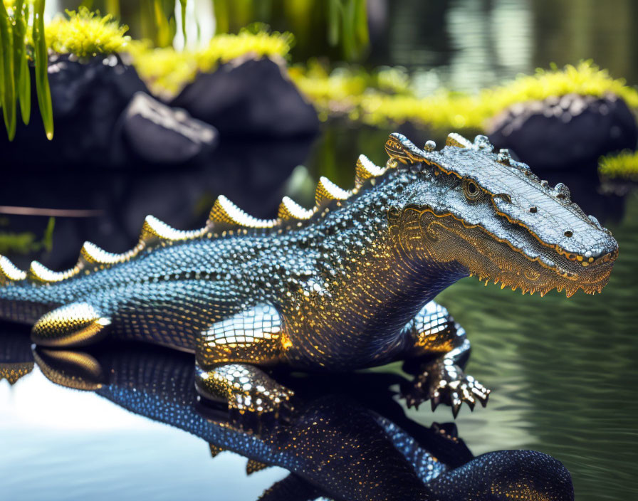 Detailed Metal Crocodile Sculpture Beside Water