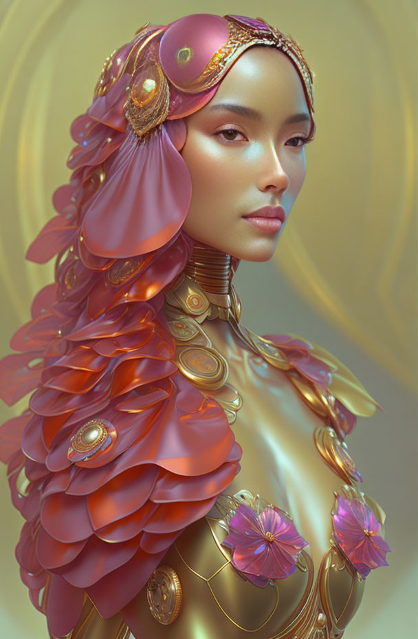 Digital portrait of woman in golden floral armor with elegant headdress.