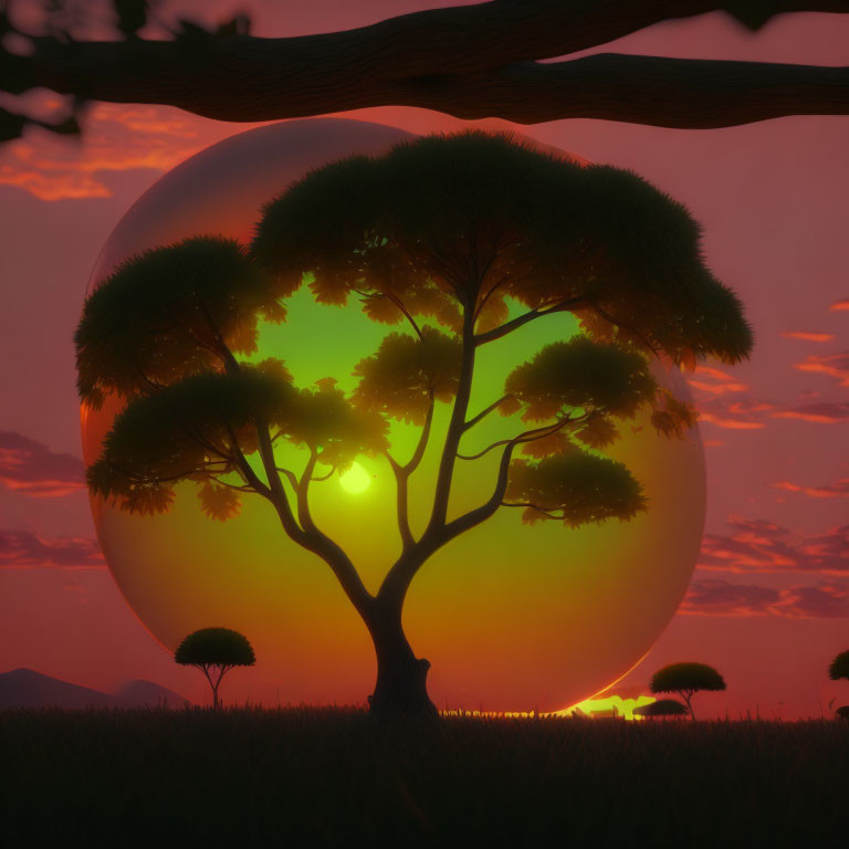 Vibrant sunset over acacia tree in savanna landscape