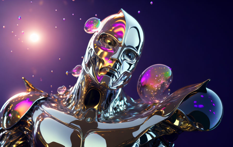 Reflective metallic humanoid figure with floating bubbles on purple backdrop