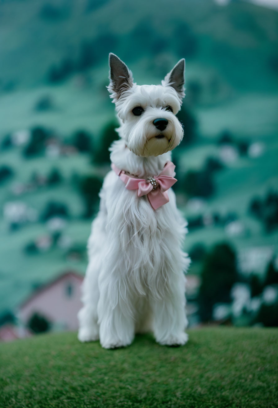 White Dog with Pink Bow on Grass with Green Hills Background