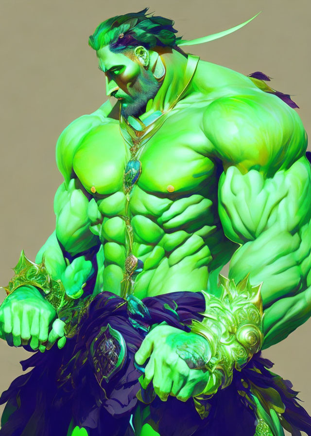 Fantasy character with green skin, golden arm cuffs, and mohawk hairstyle