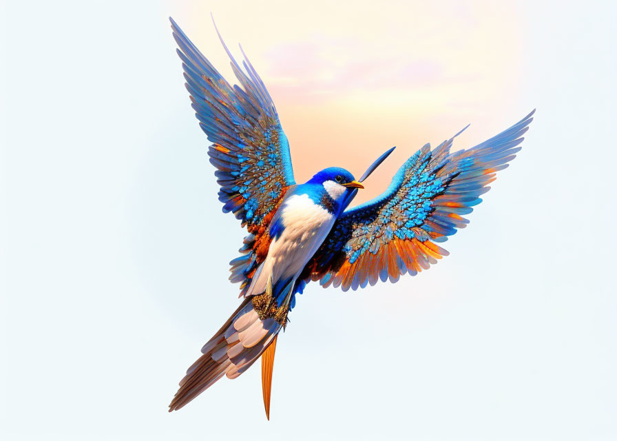 Blue bird with outstretched wings in soft pastel sky