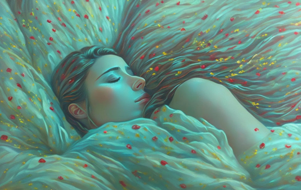 Surreal portrait of woman in serene blue and red tones