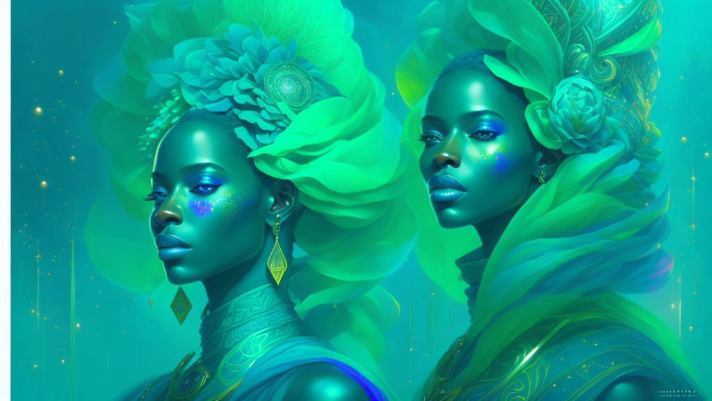 Ethereal women with gold jewelry in teal and green setting