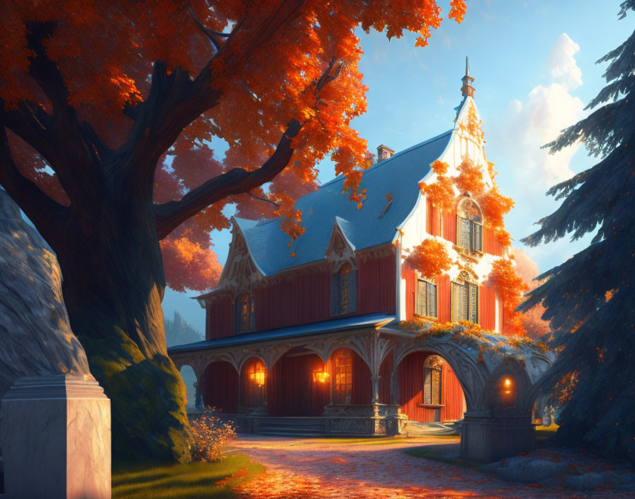 Vibrant autumn trees surround a picturesque house with red roofs at sunset