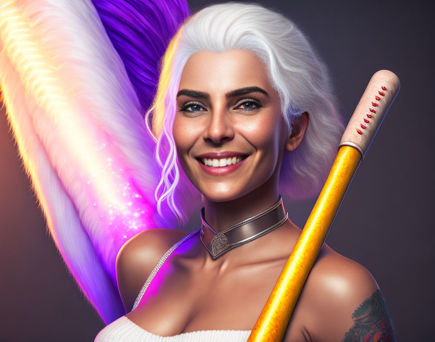 White-Haired Woman Smiling with Baseball Bat and Colorful Light Streaks