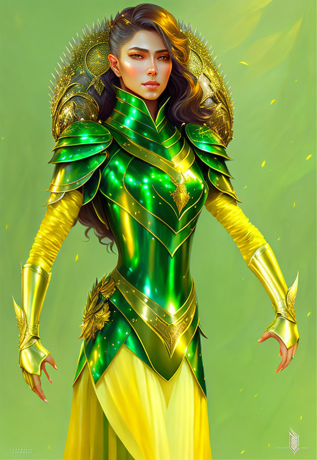 Female character in green & gold fantasy armor on green background