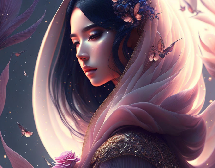 Illustrated portrait of woman with dark hair, flowers, butterflies, and starry backdrop