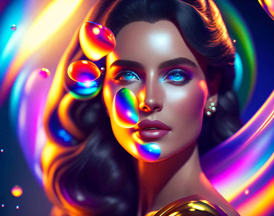 Colorful digital artwork: Woman with vibrant blue eyes and luminous bubbles