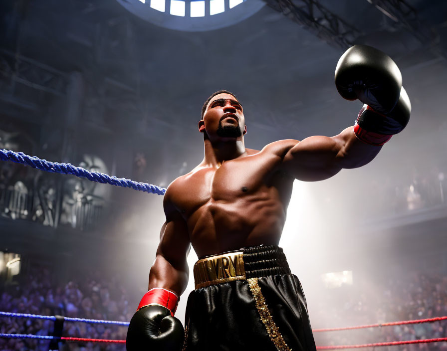 Boxer in Ring with Raised Gloves, Confident and Ready for Bout